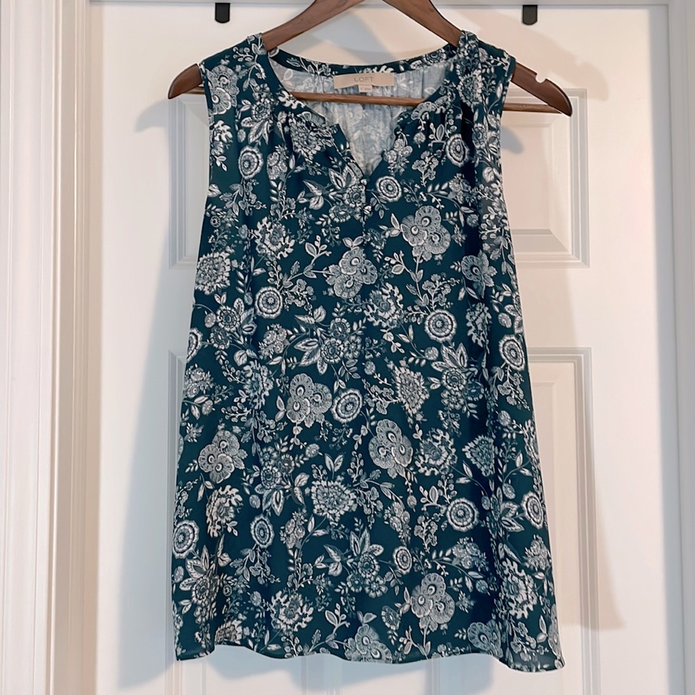 Loft Mixed Media Sleeveless Dark Teal printed Blouse